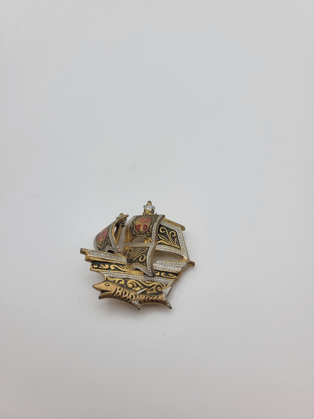 Vintage Faux Damascene Spanish Galleon Ship Brooch Made in Spain
